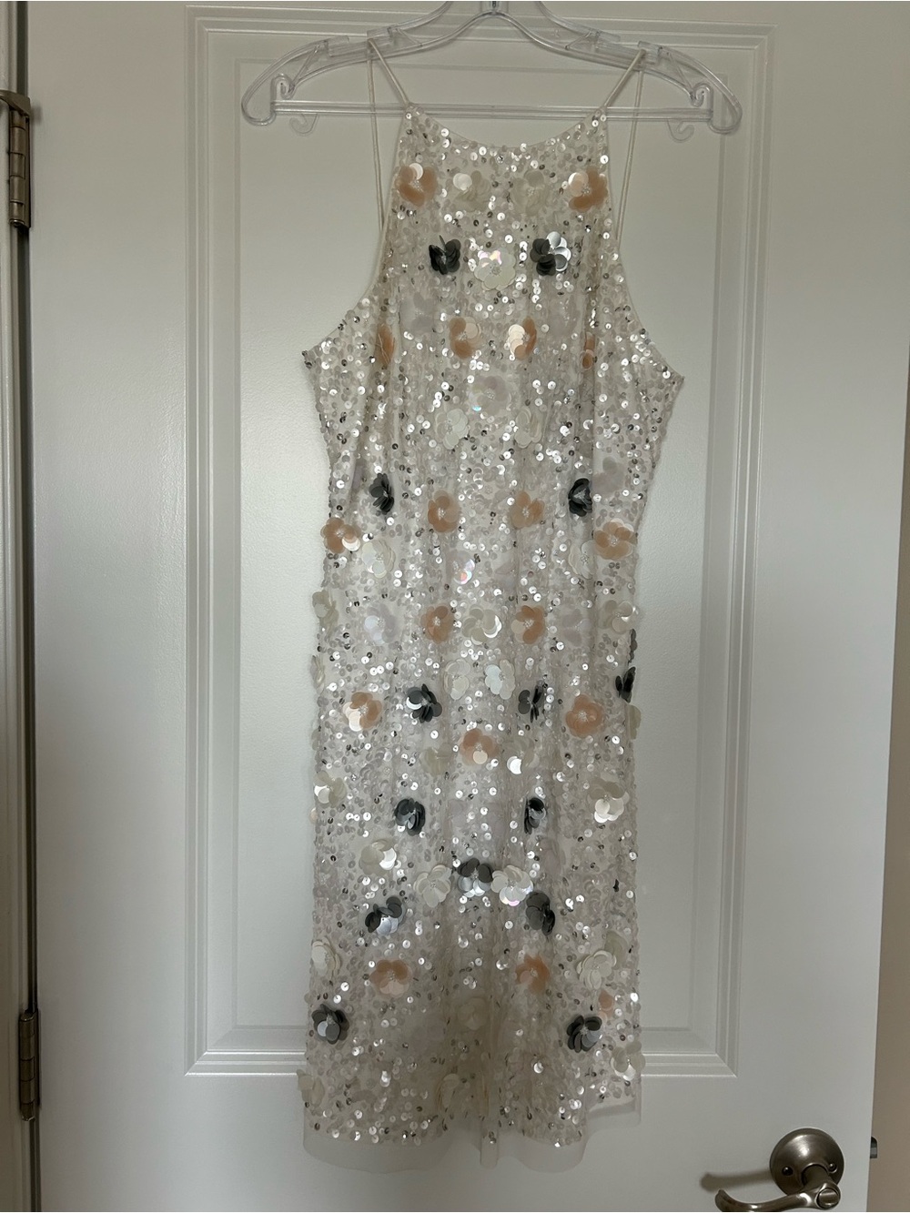 Adrianna Papell Ivory Sequin Mini Dress with Black and Nude Floral Accents